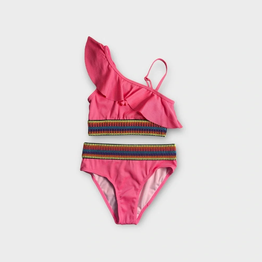 Betsey Johnson 2 Piece Embroidered Pink Ribbed Top & Bottom Swim Set